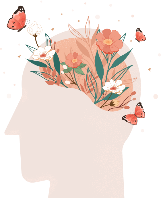 Grafika prezentująca człowieka z mózgiem, z którego wyrastają kwiaty polne, a wokół latają motyle